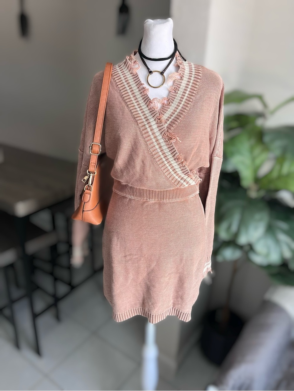 Dusty Rose Knit Wrap-Style Sweater Dress